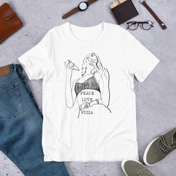 Peace, Love & Pizza T-shirt, Unisex t-shirt, Pizza T-shirt, Peace Tee, Love T-Shirt, Retro Tee, 80's Tee